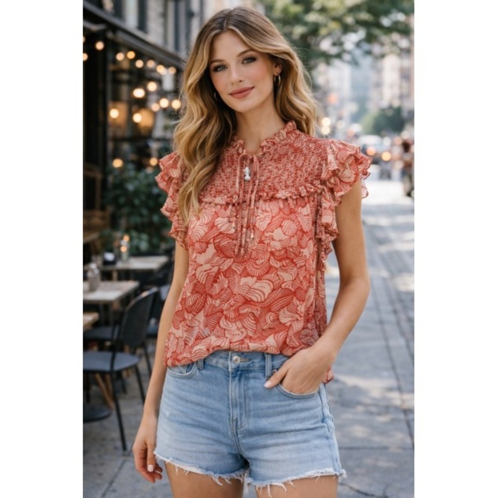 Gilner Farrar Sienna Blouse Smocked Ruffle Floral Top Red Ivory Size S